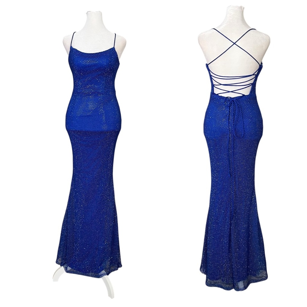 Amarra Navy Blue Embellished Mesh Net Lace Back Scoop Neck Mermaid Prom Dress 2